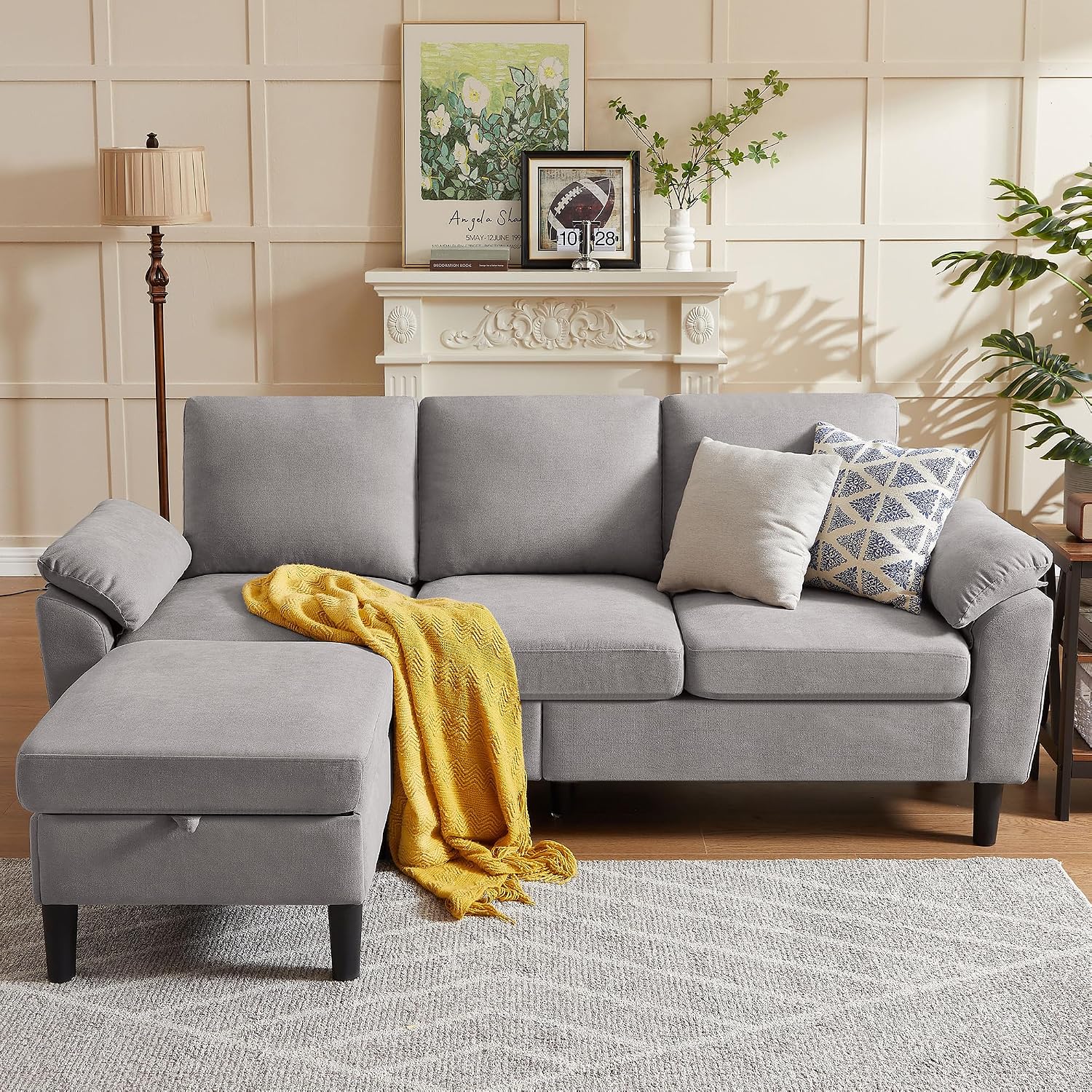 80' Convertible Sectional Sofa, Small L Shaped 3 Seat Couch with Reversible Storage Chaise, Modern Polyester Fabric Sofa Couches for Living Room, Apartment and Small Space, Light Grey