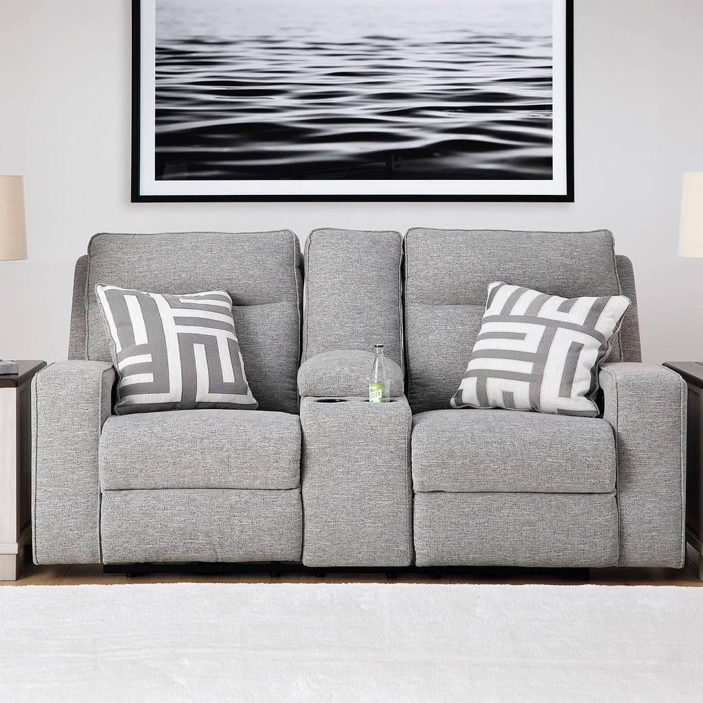 Signature Design by Ashley Biscoe Casual UV Resistant Power Reclining Loveseat with Console, Adjustable Headrest and USB Ports, Light Gray