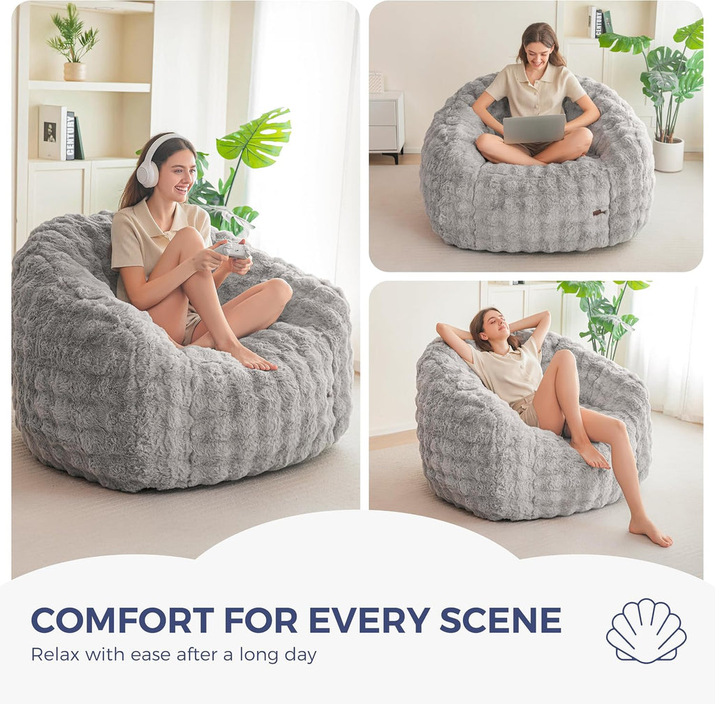MAXYOYO Giant Bean Bag Chair for Adults, Stuffed Shell-Shaped Large Bean Bag Couch, Cozy Living Room Chair with Filler, Floor Sofa Lazy Sofa for Bedroom Living Room, Grey