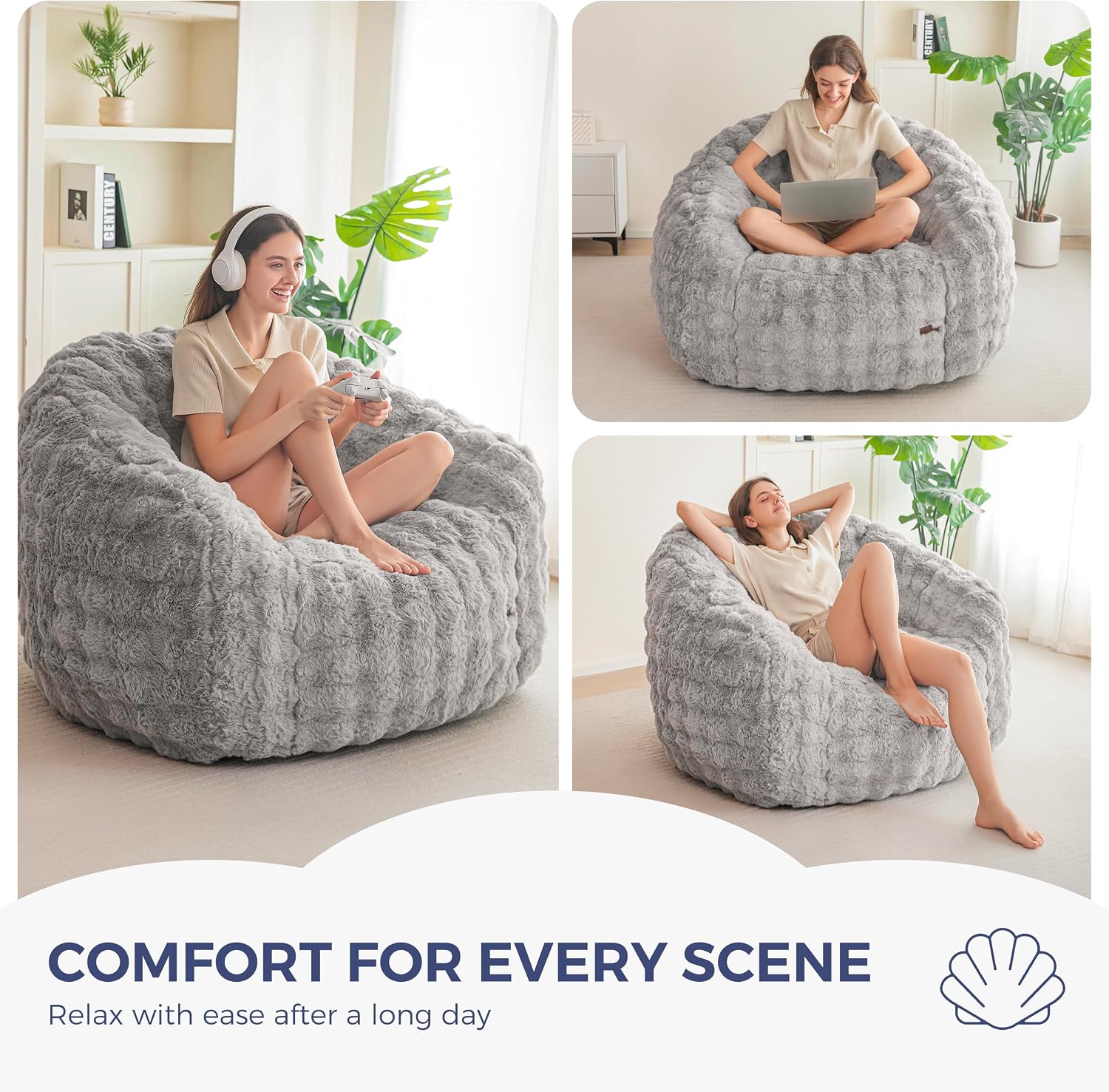 MAXYOYO Giant Bean Bag Chair for Adults, Stuffed Shell-Shaped Large Bean Bag Couch, Cozy Living Room Chair with Filler, Floor Sofa Lazy Sofa for Bedroom Living Room, Grey