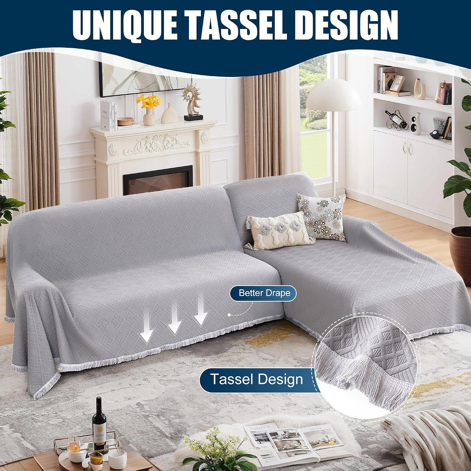 Waterproof L Shaped Sectional Couch Covers Blanket 2 Piece Sectional Sofa Cover Washable L Shape Sofa Slipcover Jacquard Quilted Furniture Protector for Dogs Pets Cats (XX-Large, Ash Gray)