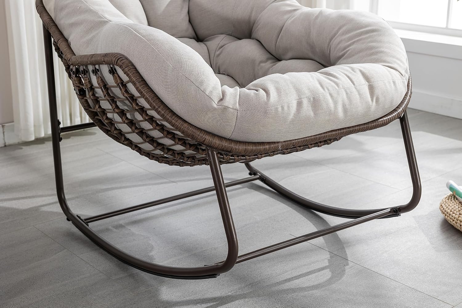 Outdoor Rattan Rocking Chair Oversized Papasan Recliner Lounger, Steel Frame & Thick Olefin Cushion, Indoor/Outdoor Use for Patio, Porch, Backyard, Garden, Balcony, Beige