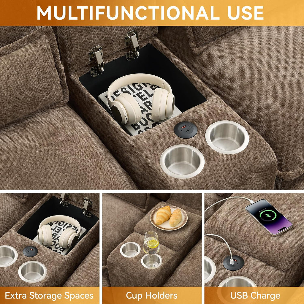 125'' U Shaped Cloud Modular Sofa with Chaise Lounges, Chenille Upholstered Comfy Sectional Couch with Storage Console, USB Charging Ports & Cup Holders, Small Deep Seat Sofa for Living Room, Brown