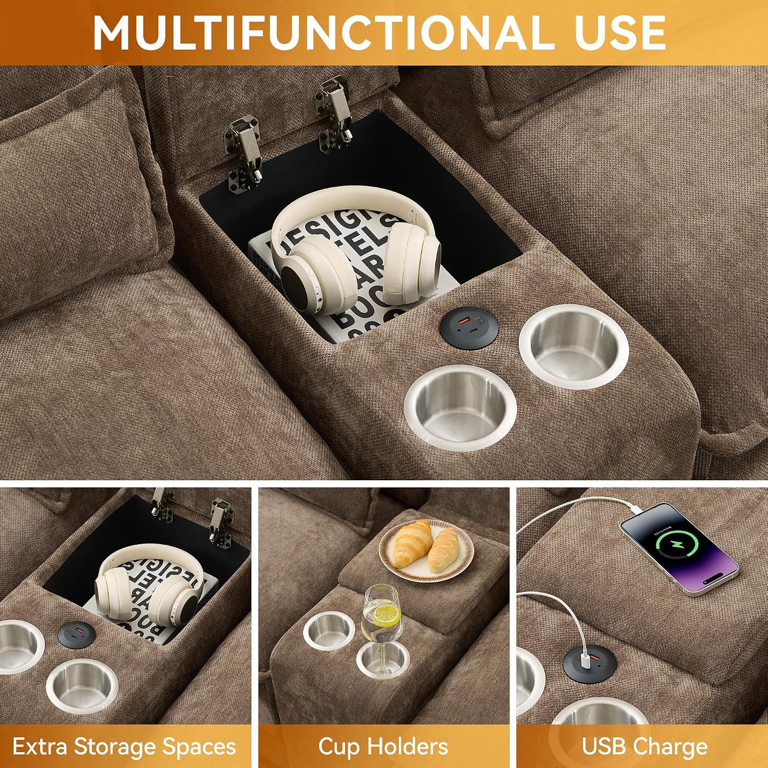 125'' U Shaped Cloud Modular Sofa with Chaise Lounges, Chenille Upholstered Comfy Sectional Couch with Storage Console, USB Charging Ports & Cup Holders, Small Deep Seat Sofa for Living Room, Brown