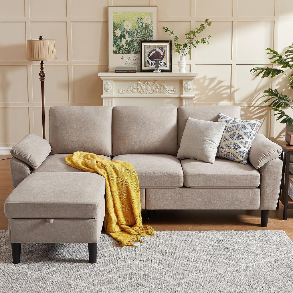 80' Convertible Sectional Sofa, Small L Shaped 3 Seat Couch with Reversible Storage Chaise, Modern Polyester Fabric Sofa Couches for Living Room, Apartment and Small Space, Beige