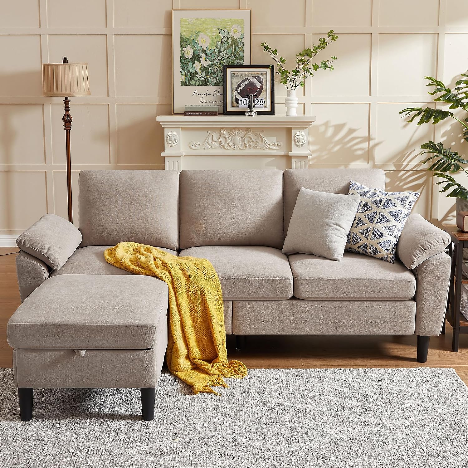 80' Convertible Sectional Sofa, Small L Shaped 3 Seat Couch with Reversible Storage Chaise, Modern Polyester Fabric Sofa Couches for Living Room, Apartment and Small Space, Beige