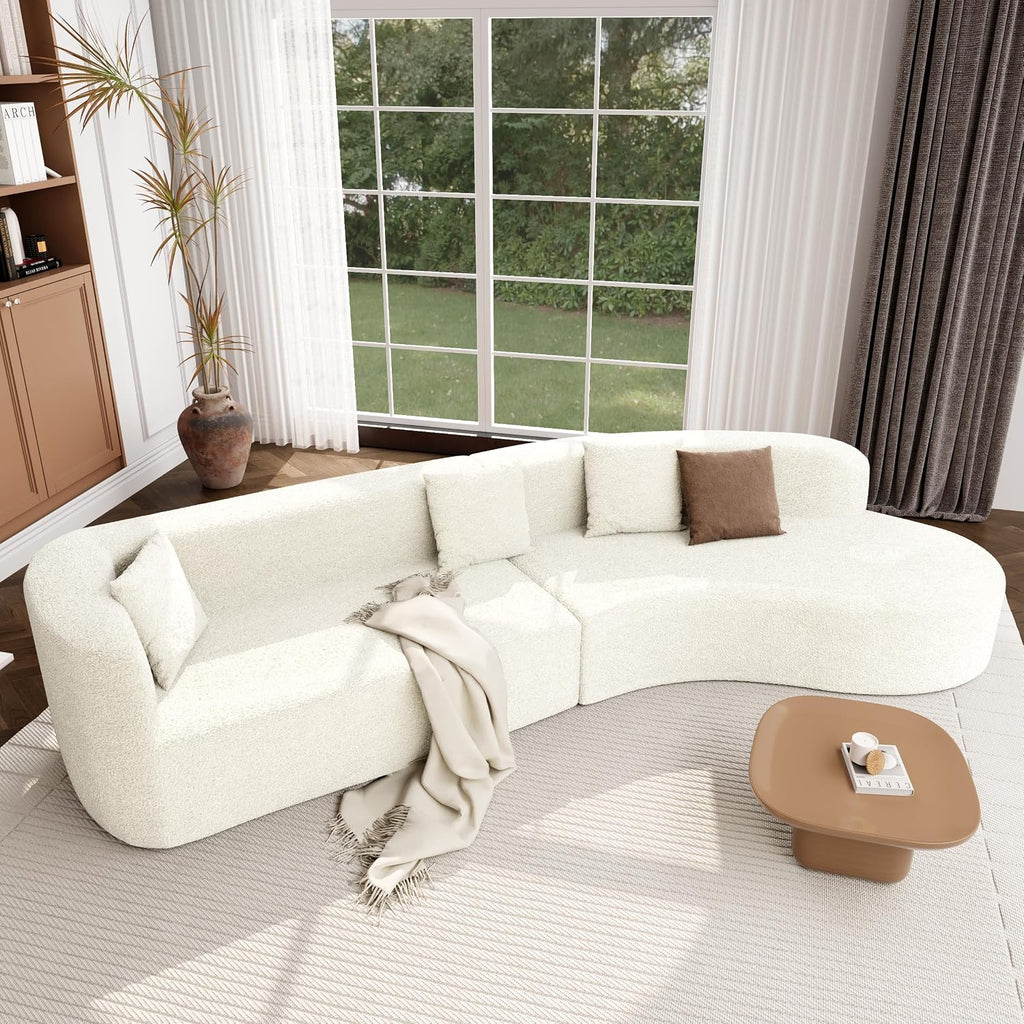 Merax Modern Minimalist Large 2-Piece Sectional Curved Chenille Sofa with 3 Pillows and High-Density Foam for Luxurious Comfort and Seamless, for Living Room, Bedroom, White
