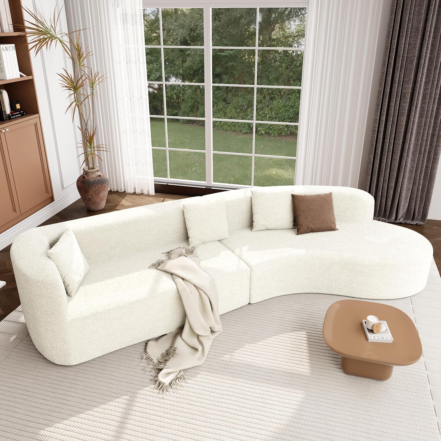 Merax Modern Minimalist Large 2-Piece Sectional Curved Chenille Sofa with 3 Pillows and High-Density Foam for Luxurious Comfort and Seamless, for Living Room, Bedroom, White