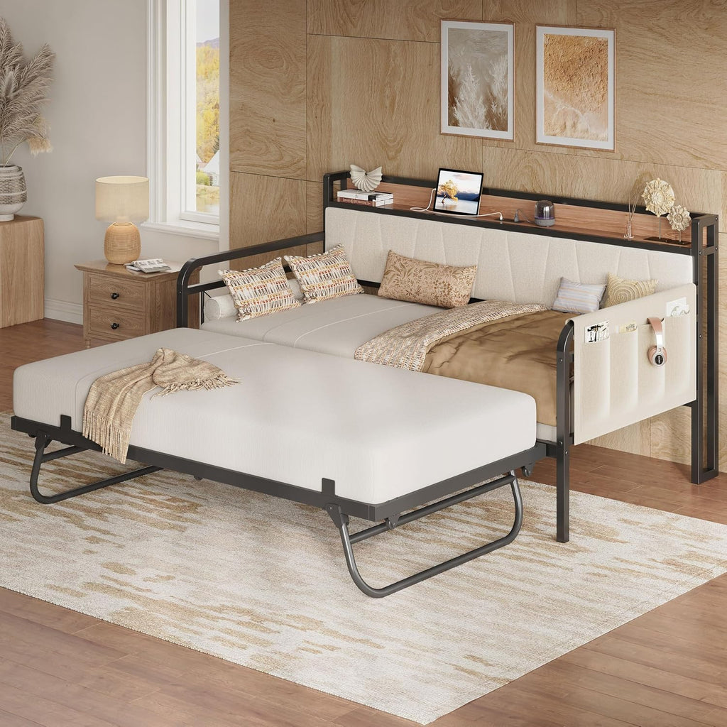 LIKIMIO Twin Daybed, Day Bed with Trundle, Storage Upholstered Headboard and Charging Station, Trundle Bed with Strong Supports for Living Room, Bedroom, and Guest Room, Beige