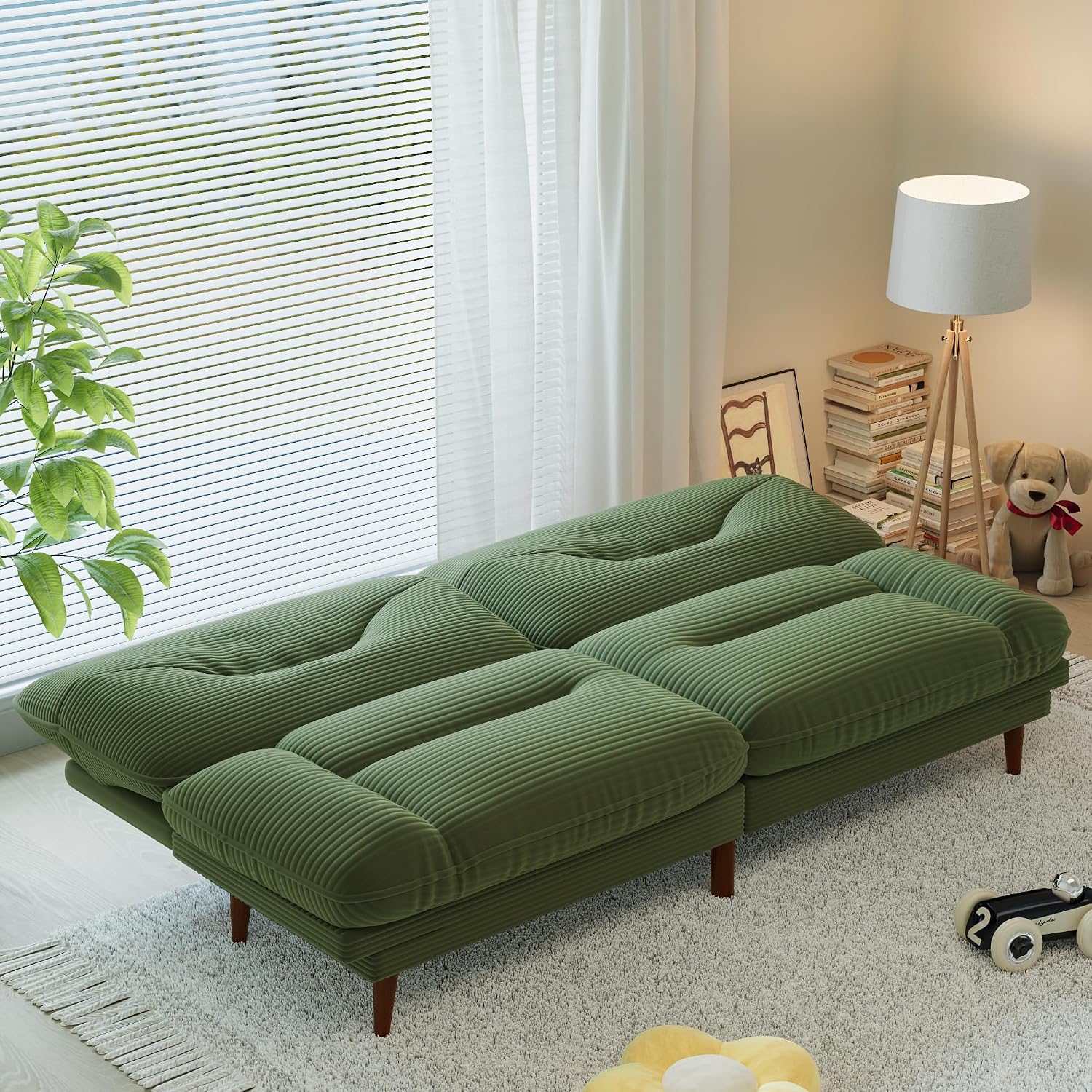 Homall Futon Sofa Bed, Modern Loveseat Futon Couch with Adjustable Backrest and Armrests, Sleeper Sofa Bed with Wood Frame for Living Room, Office, Apartment (Corduroy, Green)