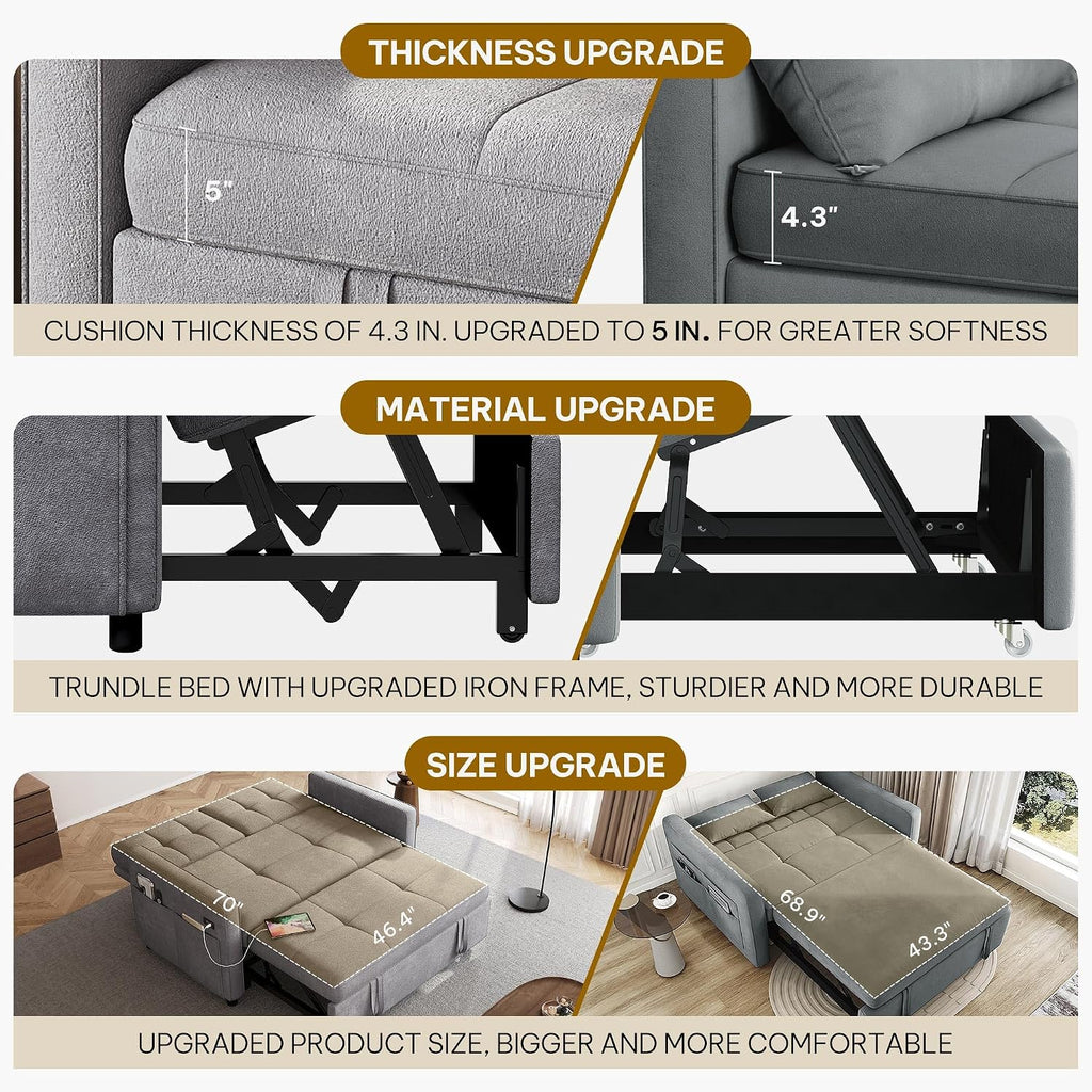 DWVO 3 in 1 Convertible Sleeper Sofa Bed, 55' Pull Out Sofa Bed with Adjustable Backrest and USB, Velvet Futon Couch with Side Pockets for Living Room, Grey