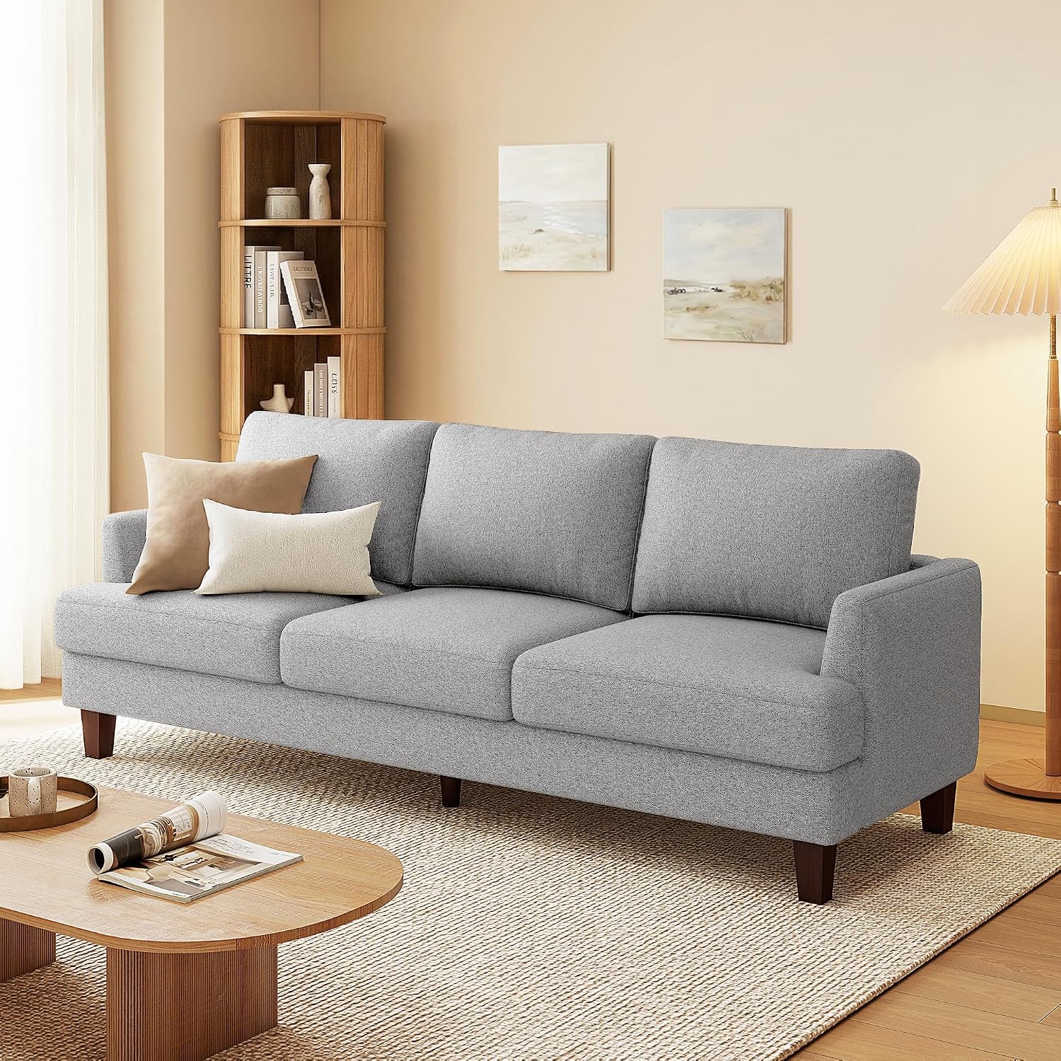 Gericco Mid Century Modern Couches for Living Room, 89' Comfy Grey Couch Sofa with 3-Seater Deep Seats, Upholstered Sofas for Living Room, Office Apartment, Bedroom, Light Grey