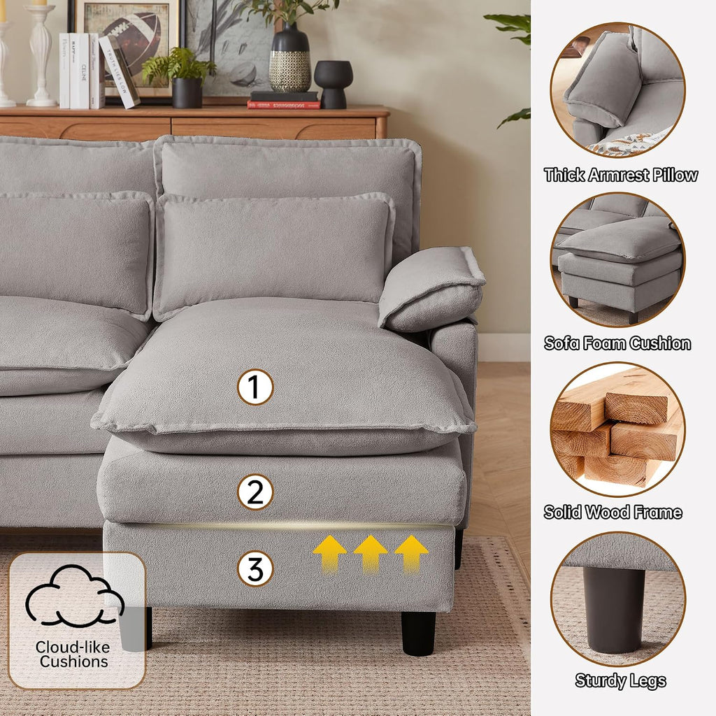 Comfy Cloud Couch Sectional Sofa with Lumbar Pillows, 105' Modern 4 Seater U Shaped Cloud Sofa with Deep Seat & Double Long Chaise, Sectional Couches for Living Room, or Office, Light Grey