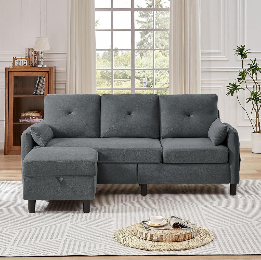 Convertible Sectional Sofa, 77' Small L Shaped 3 Seat Couch with Reversible Storage Chaise, Modern Polyester Fabric Sofa Couches for Living Room, Apartment and Small Space, Dark Grey