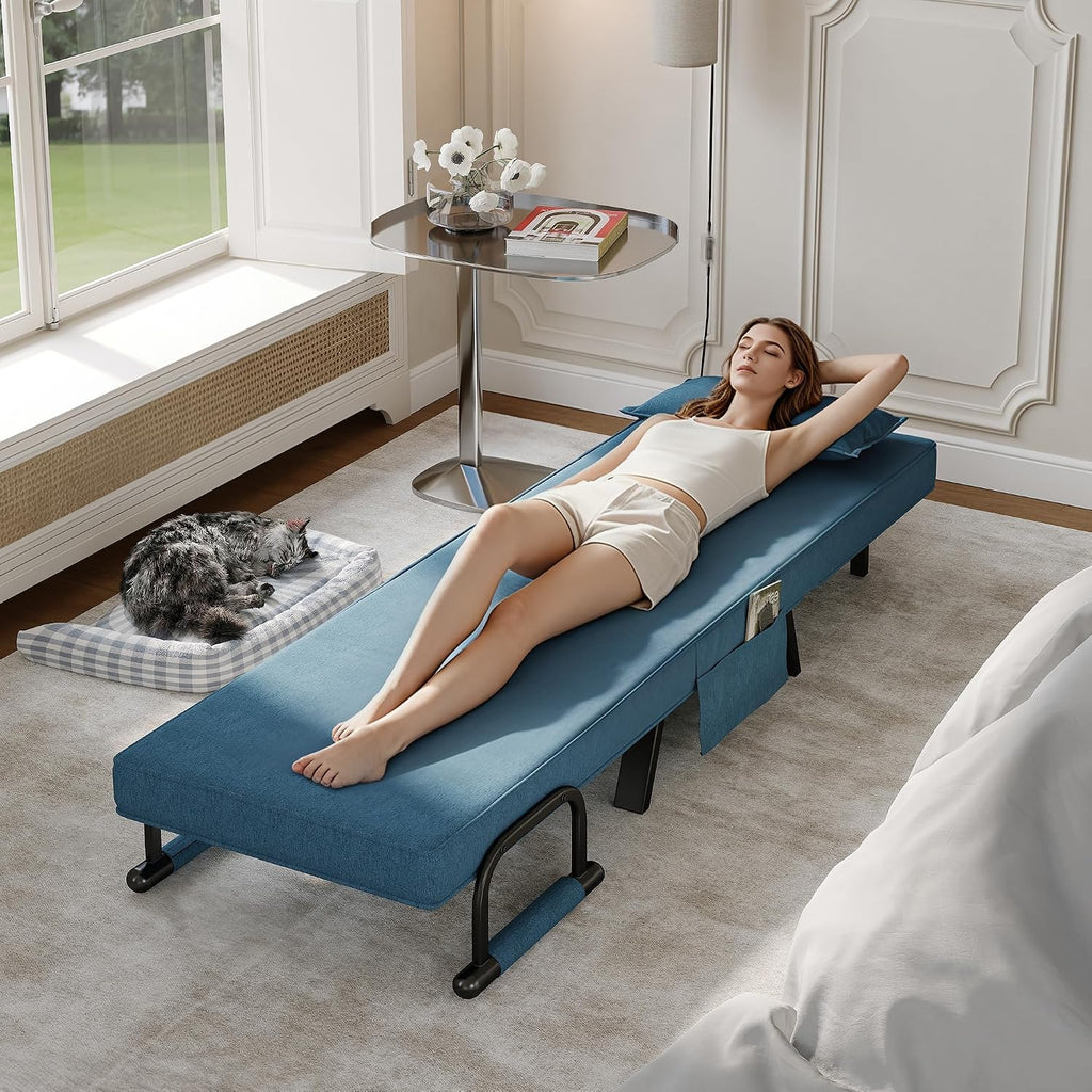 TYBOATLE Convertible Chair Bed Sleeper for Adults, Folding Chair Bed with 5-Position Adjustable Backrest & Side Pockets & Pillow, Comfy Single Futon for Small Spaces, Apartment, Office (Azure Blue)