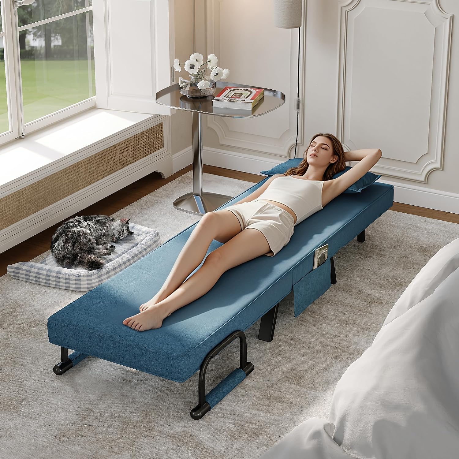 TYBOATLE Convertible Chair Bed Sleeper for Adults, Folding Chair Bed with 5-Position Adjustable Backrest & Side Pockets & Pillow, Comfy Single Futon for Small Spaces, Apartment, Office (Azure Blue)