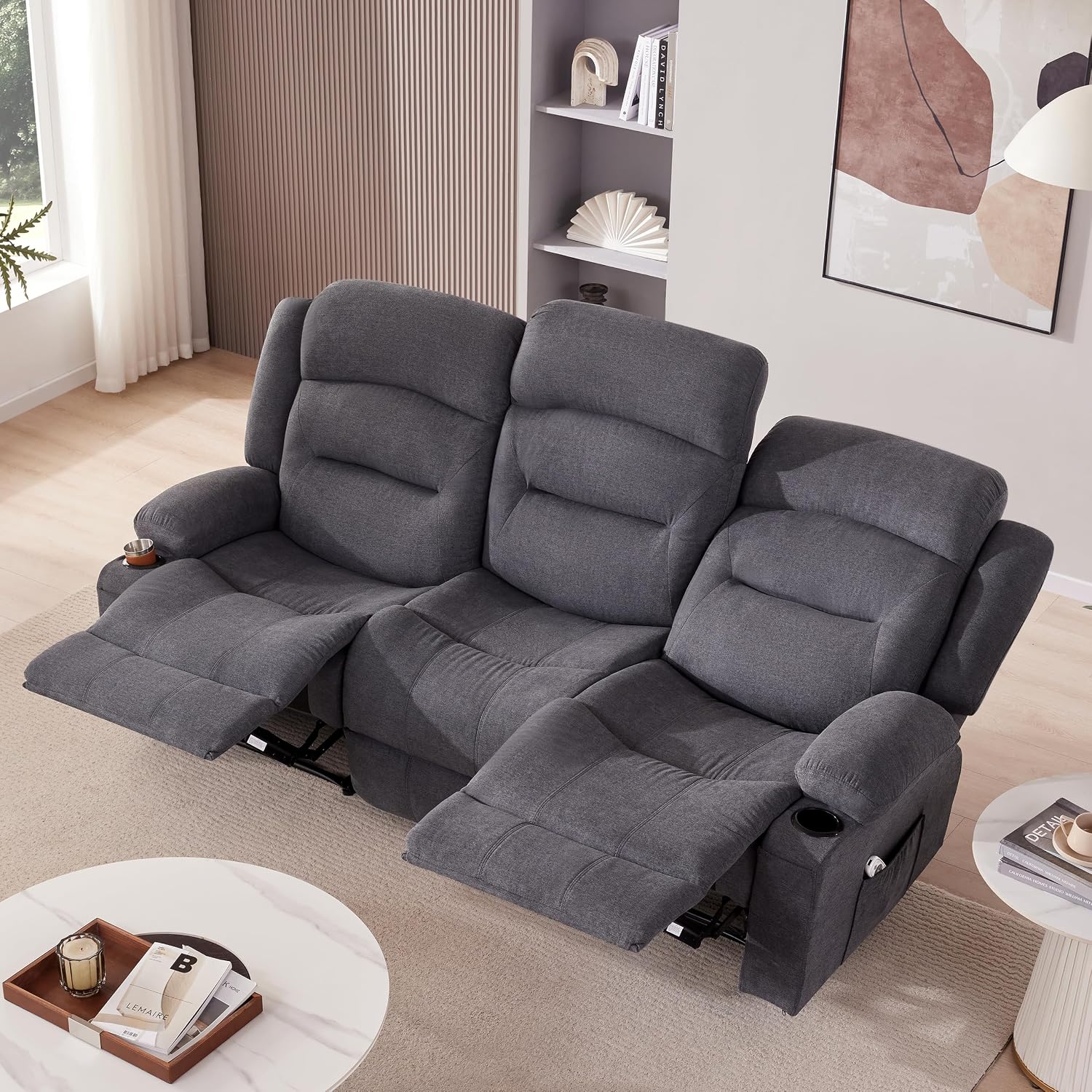 Oversized Recliner Sofa with Heat and Massage, Big Large 3-Seater RV Recliner Couch Sofa for Living Room, Wall-Hugger Reclining Sofa with Cup Holders and USB Port (Fabric, Grey)