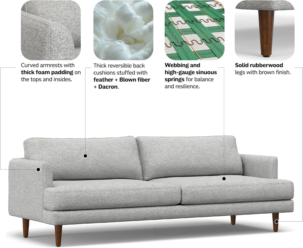 SIMPLIHOME Livingston 90-inch Wide Sofa in Mist Grey Woven-Blend Fabric, Handcrafted Mid-Century Modern Oversized 3-Seater Couch Sofa for Living Room or Family Room, Solid Wood Frame