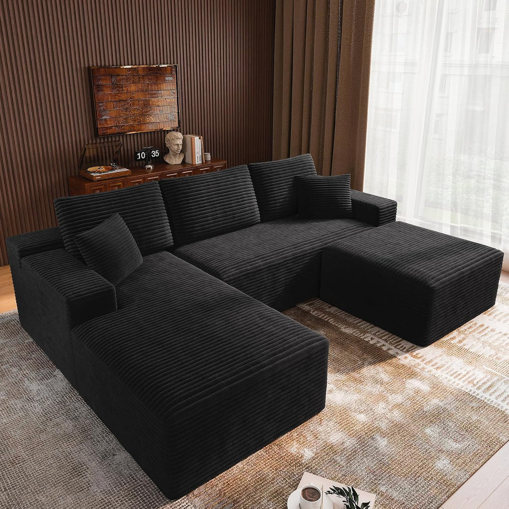 3-Piece Boneless Modular Sectional Sofa, Cloud Couch, Left Facing Chaise with Ottoman, Oversized Deep Seat, Soft Corduroy Fabric, Sectional Couch for Living Room-Black
