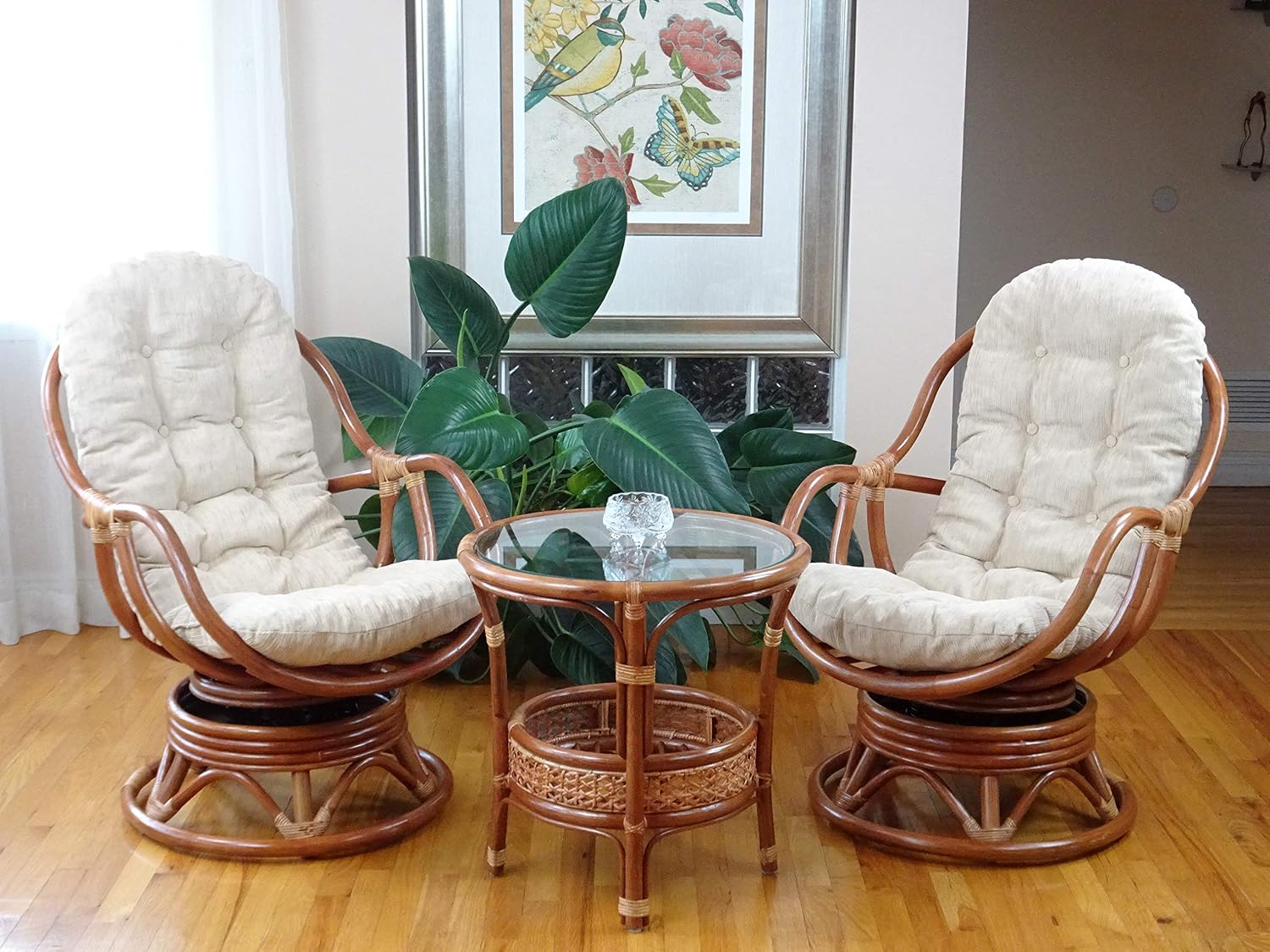 Lounge Swivel Rocking Bali Chair ECO Natural Rattan Wicker Handmade Cognac with Cream Cushion