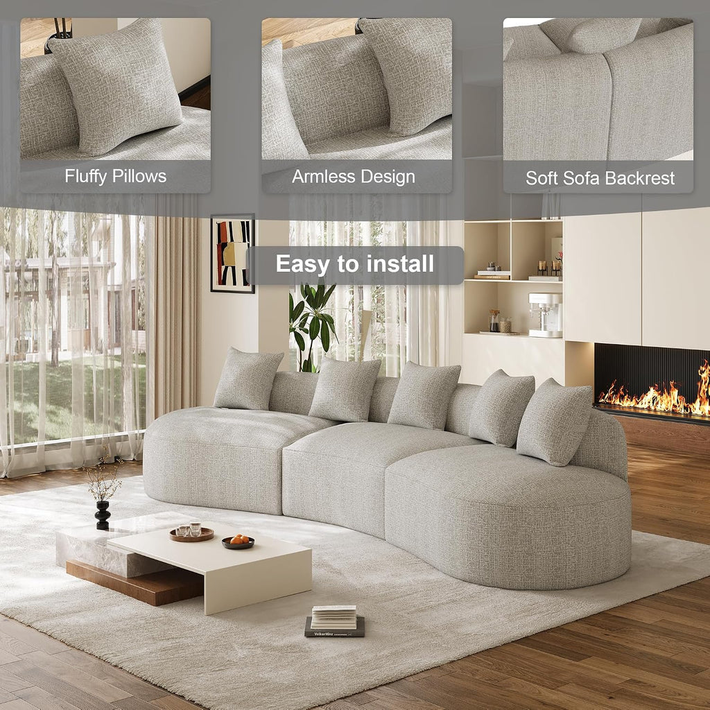 134' Oversized Sectional Sofa for Living Room, Modern Luxury Plush Chenille 4-Seater Extra Deep & Wide Seat Curved Cloud Couch with 5 Throw Pillows, No Assembly Needed, Light Grey