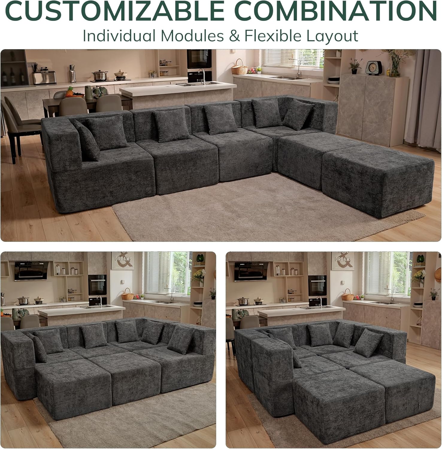 MONVANE Modular Sectional Cloud Couch for Living Room - 130'' 6 Seater Convertible Chenille Couches Set with Ottoman, No Assembly Compression Sofas, Comfy Floor Sofa with Memory Foam, Grey
