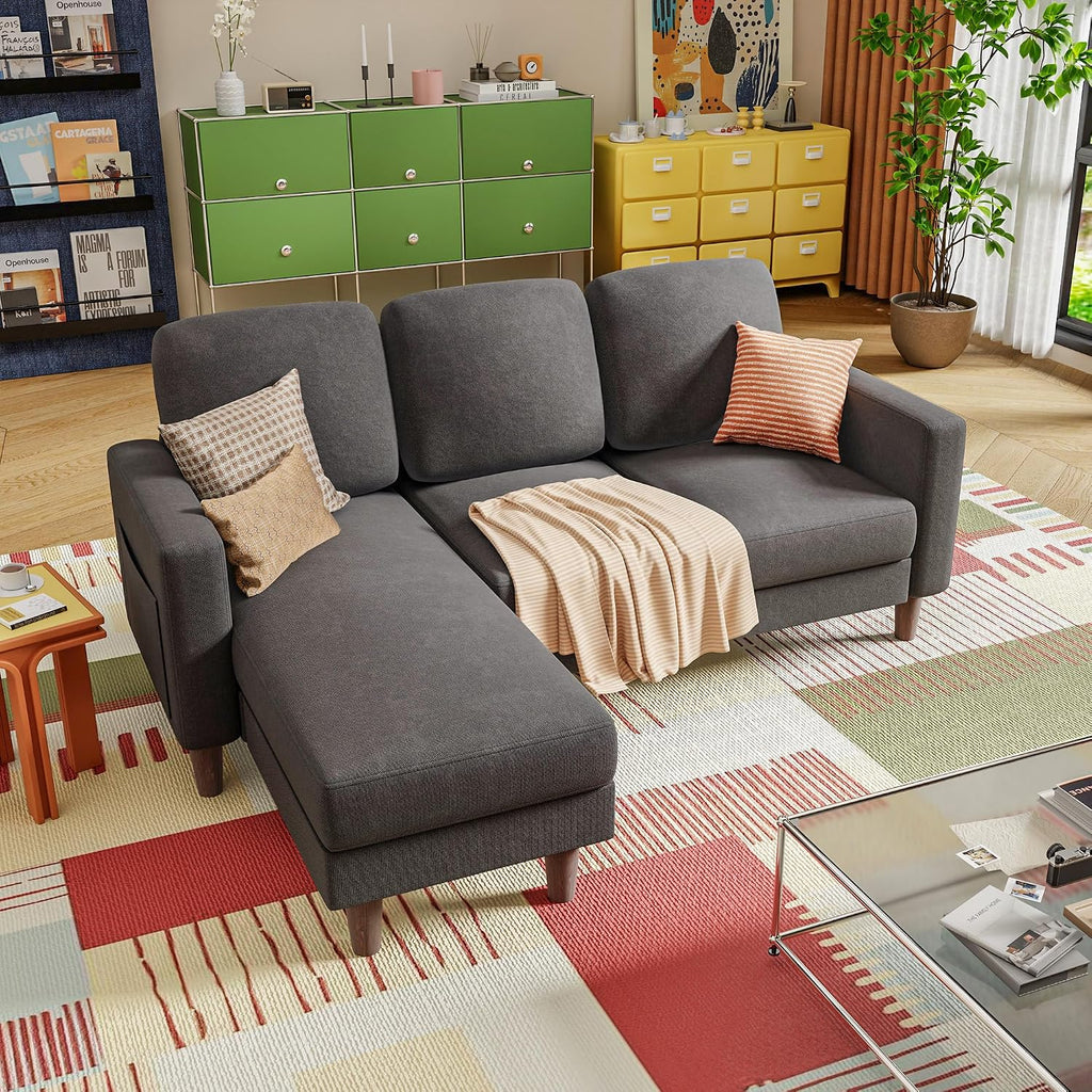 YESHOMY Couch for Living Room, Small L-Shaped Couch with Convertible Chaise, Comfy Sectional Sofa with Ottoman and Side Pockets for Small Space,Dark Grey