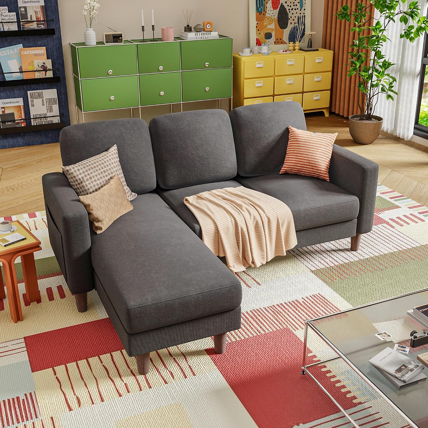 YESHOMY Couch for Living Room, Small L-Shaped Couch with Convertible Chaise, Comfy Sectional Sofa with Ottoman and Side Pockets for Small Space,Dark Grey