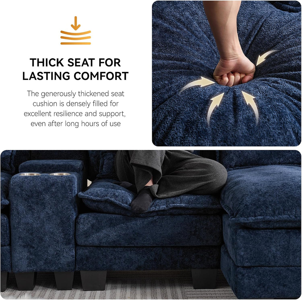 125'' U Shaped Cloud Modular Sofa with Chaise Lounges, Upholstered Comfy Sectional Couch with Storage Console, USB Charging & Cup Holders, Small Deep Seat Sofa for Living Room, Sherpa- Chenille Navy