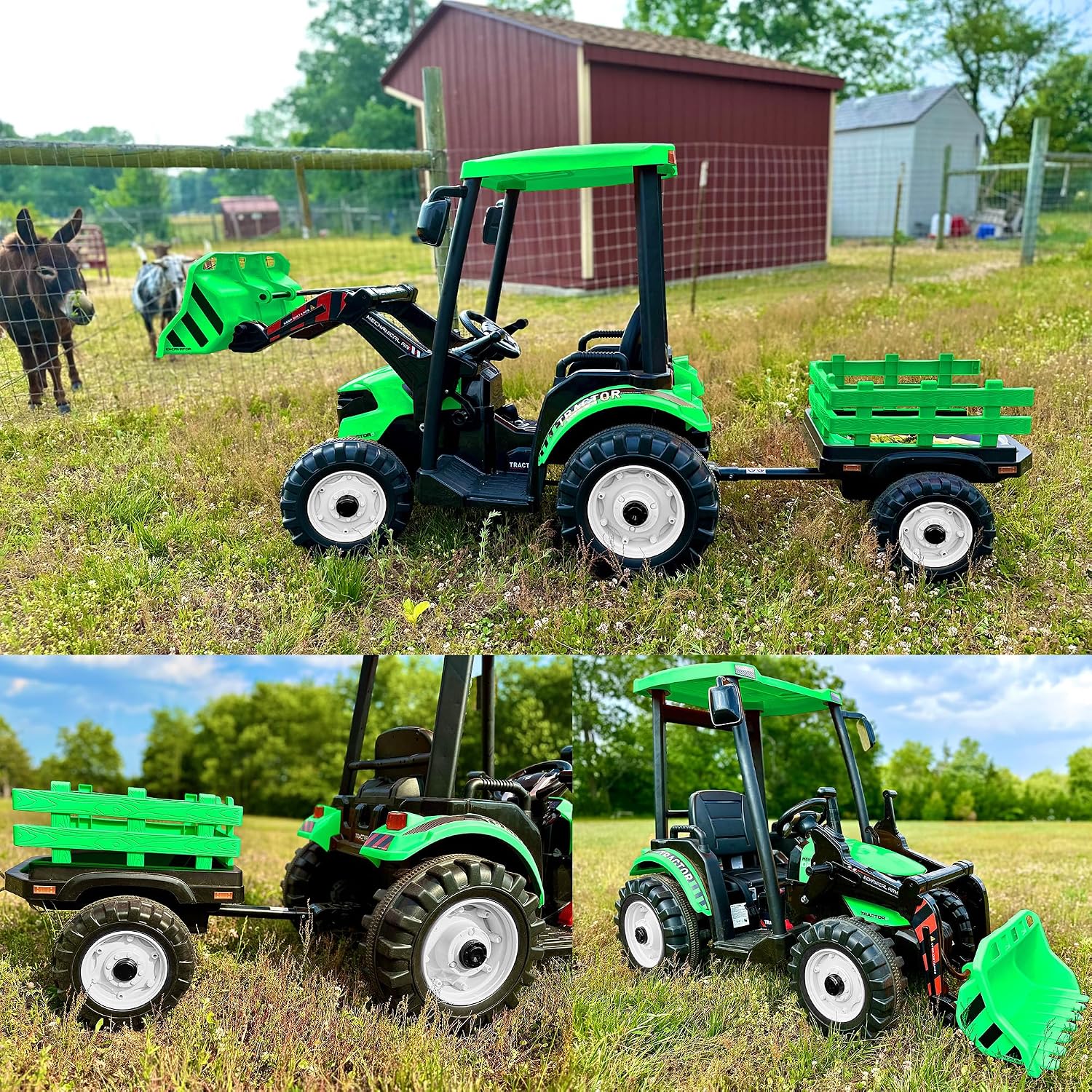 Kidsera 24V Kids Ride on Tractor with Trailer & Front Loader, 3 In1 Tractor 4-Gearbox 24volt Dual Motors Metal Frame, 24V Ride on Toys for Big Kids, Power Wheels Kids Electric Vehicles (Green)