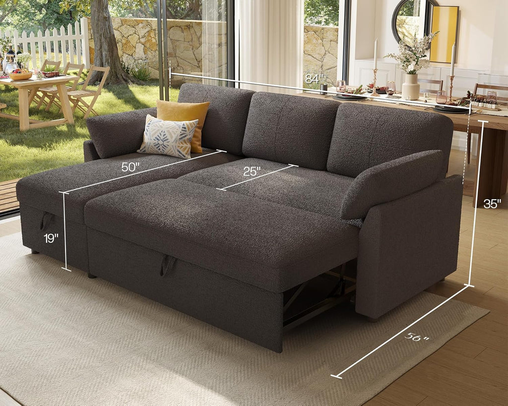 AMERLIFE Sofa Bed, Sleeper Sofa- 2 in 1 Pull Out Couch Bed with Storage Chaise for Living Room, Guest Room, Boucle Dark Grey