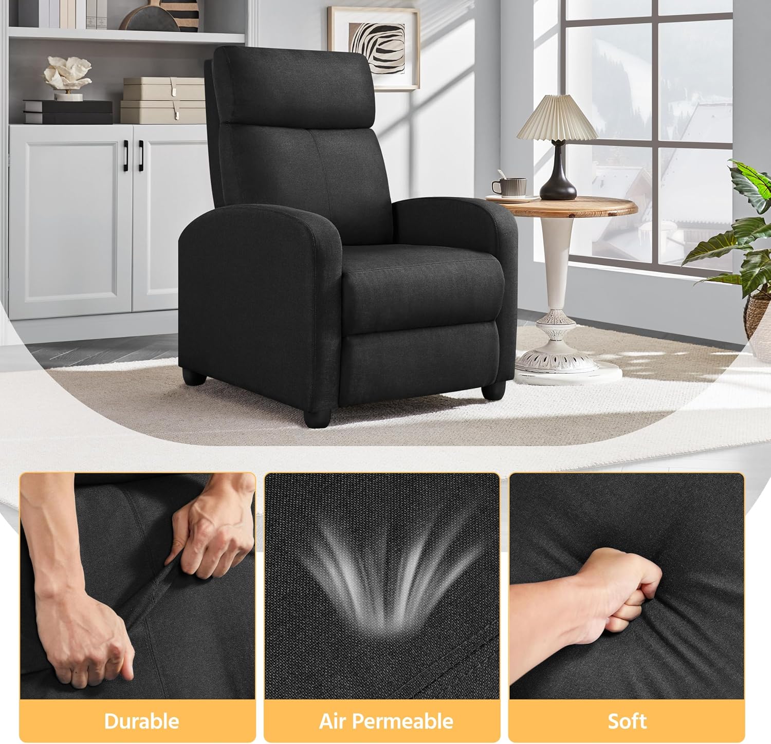 Yaheetech Recliner Chair Fabric Recliner Sofa Home Theater Seating with Lumbar Support Overstuffed High-Density Foam & Pocket Springs, Push Back Recliners Armchair for Living Room, Black