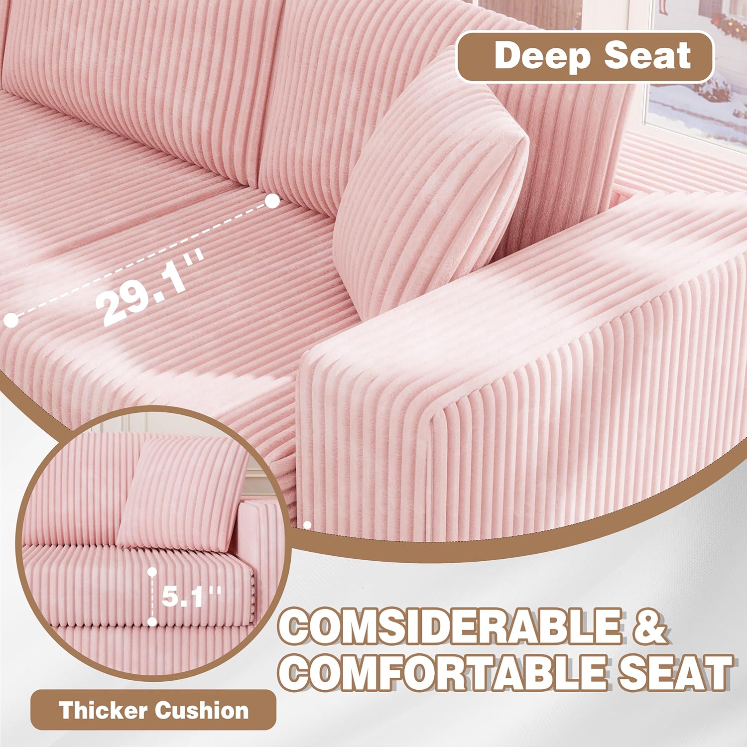 JAMFLY 105' Boneless Couches for Living Room Modular Sectional Sofa L-Shape Couch with Oversized Chaise, Cloud Couch Deep Seat Memory Foam Upholstered for Bedroom, Plush Corduroy Fabric, Baby Pink