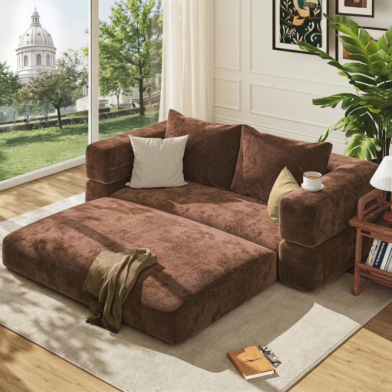 75'' Folding Convertible Sofa Bed with Large Pillow, 4-in-1 Foldable Pull Out Futon Sofa Bed, Chenille Boneless Mattress Couch, No Assembly Floor Sleeper Sofa Bed for Living Room/Bedroom, Caramel