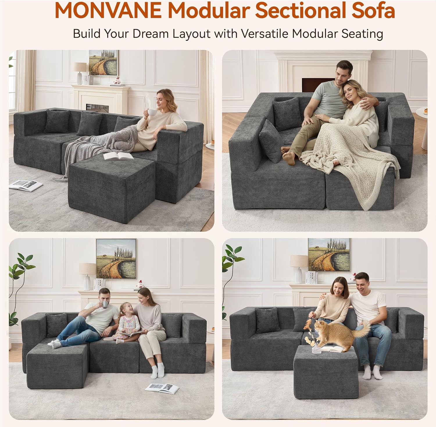 MONVANE 103'' Modular Sectional Sofa, Comfy Chenille Cloud Couch with Ottoman, Modern Convertible L Shaped Couch with Deep Seat, Sectional Couches for Living Room, Bedroom and Apartment, Grey