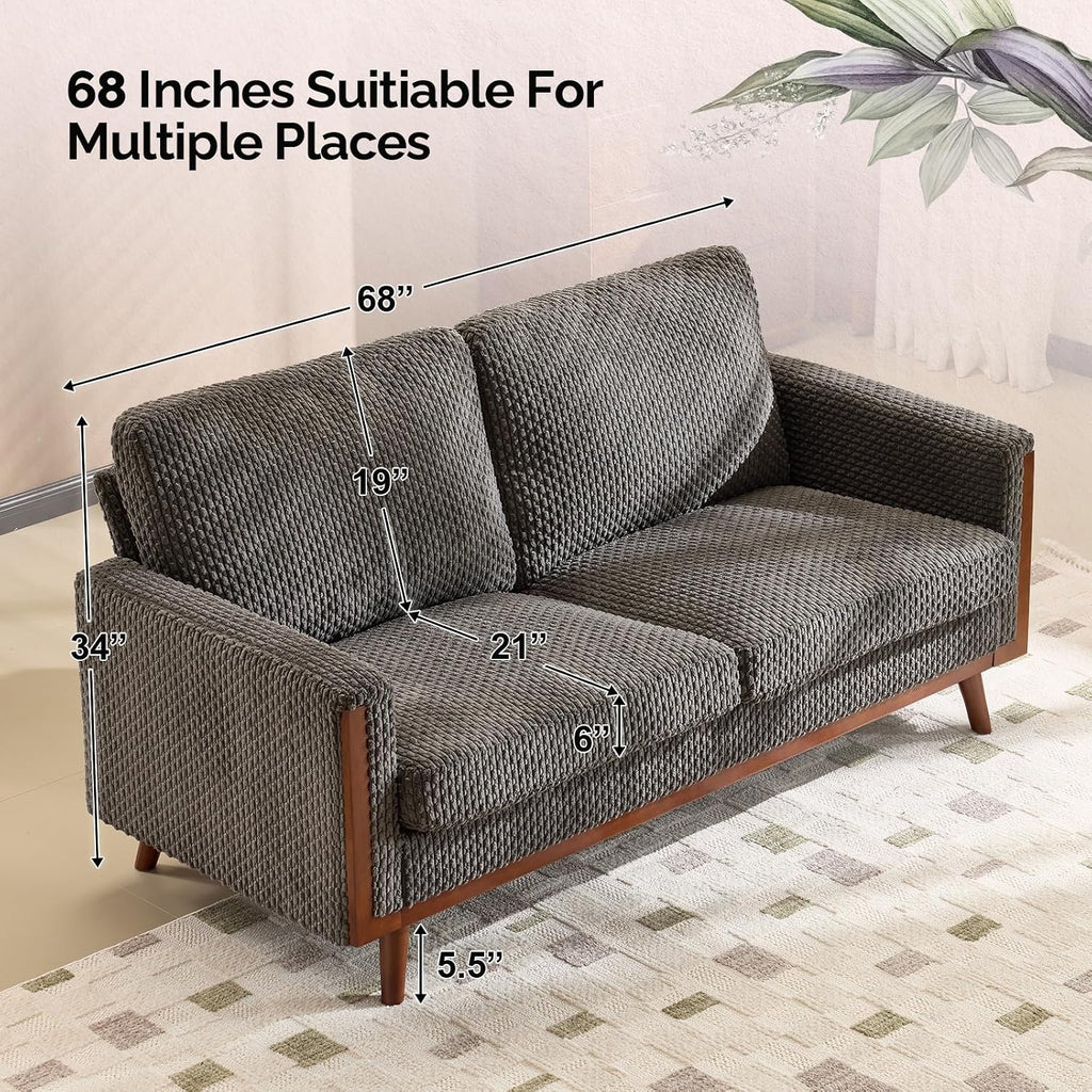 VINGLI 68' W Comfy Mid Century Loveseat, Two Seater Sofa with Spring Support & Solid Wood Frame, Corduroy Fabric Small Couch for Living Room, Small Space, Bedroom, Grey