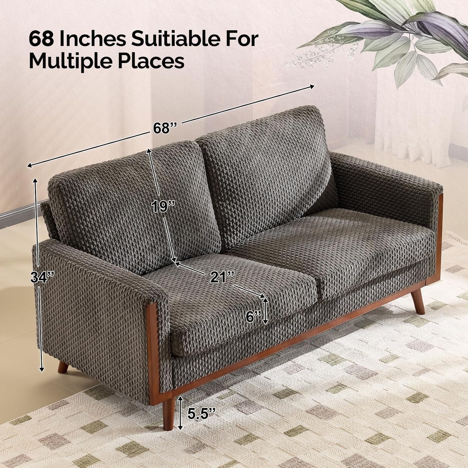 VINGLI 68' W Comfy Mid Century Loveseat, Two Seater Sofa with Spring Support & Solid Wood Frame, Corduroy Fabric Small Couch for Living Room, Small Space, Bedroom, Grey