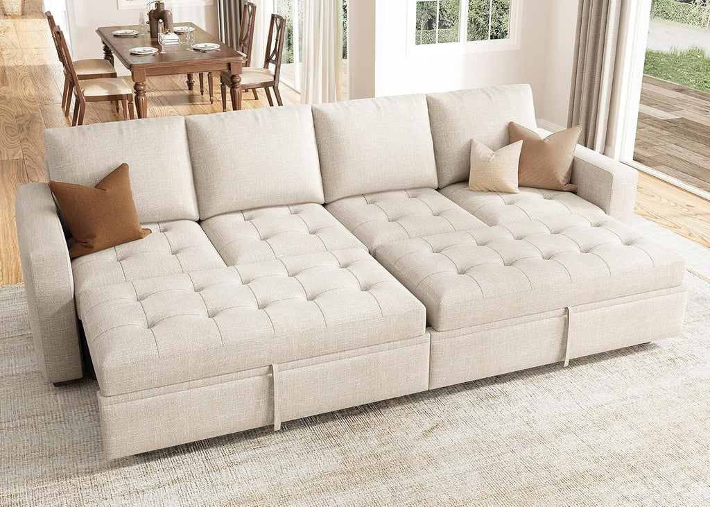 HONBAY Modular Sectional Sleeper Sofa with Pull Out Bed, Linen Convertible Sectional Couches for Living Room,Beige