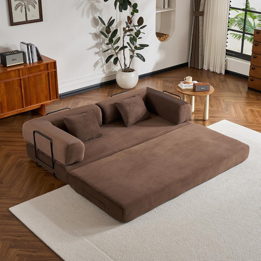 ZEIINPA Convertible Sleeper Sofa Bed, Corduroy Floor Couch with Fixed-Shape Frame, Comfy Modular Floor Sofa with Pull Out Bed, Sleeper Loveseat Boneless Couch for Living Room, Brown