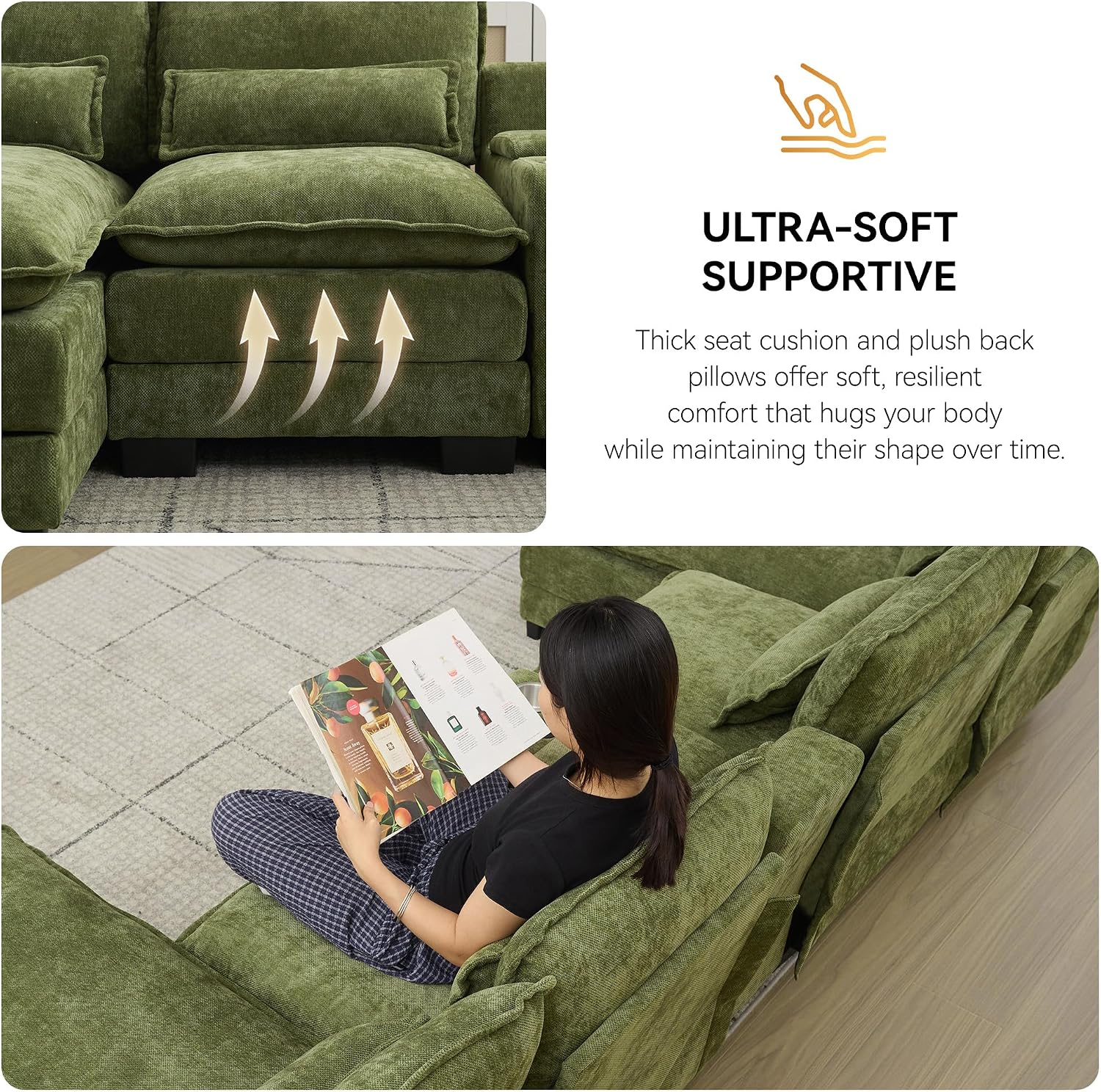 125'' U Shaped Cloud Modular Sofa with Chaise Lounges, Chenille Upholstered Comfy Sectional Couch with Storage Console, USB Charging Ports & Cup Holders, Small Deep Seat Sofa for Living Room, Green