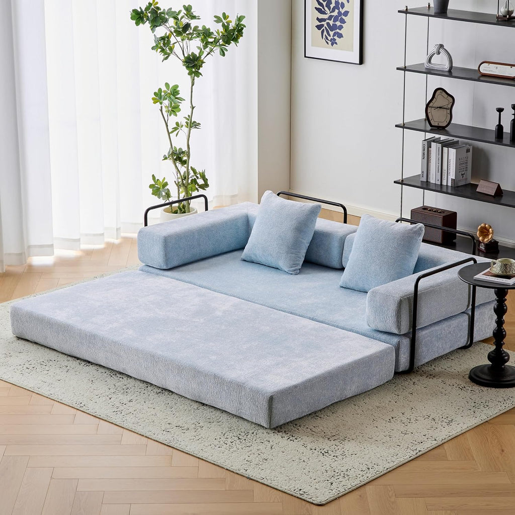 ZEIINPA Convertible Floor Sofa Bed with Fixed-Shape Frame, Modular Chenille Folding Mattress Couch with Armrest, Floor Sofa Lounge Couch for Living Room Bedroom Lounge Studio,Sky Blue