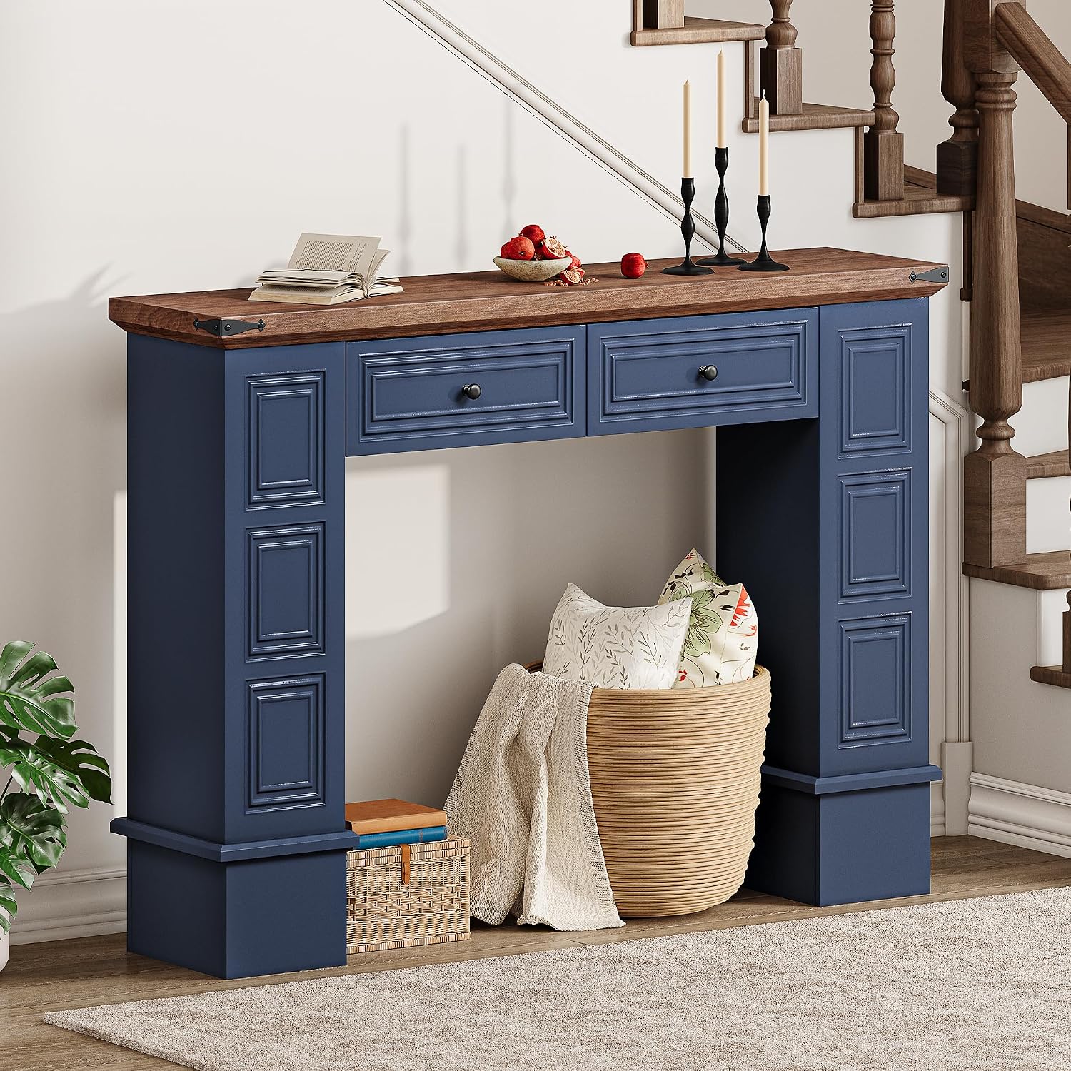 YITAHOME Farmhouse Console Table for Entryway with Storage, Narrow Long Sofa Table Furniture with Non-tip Kit, Behind Couch Table for Hallway, Living Room & Bedroom, Navy Blue & Walnut