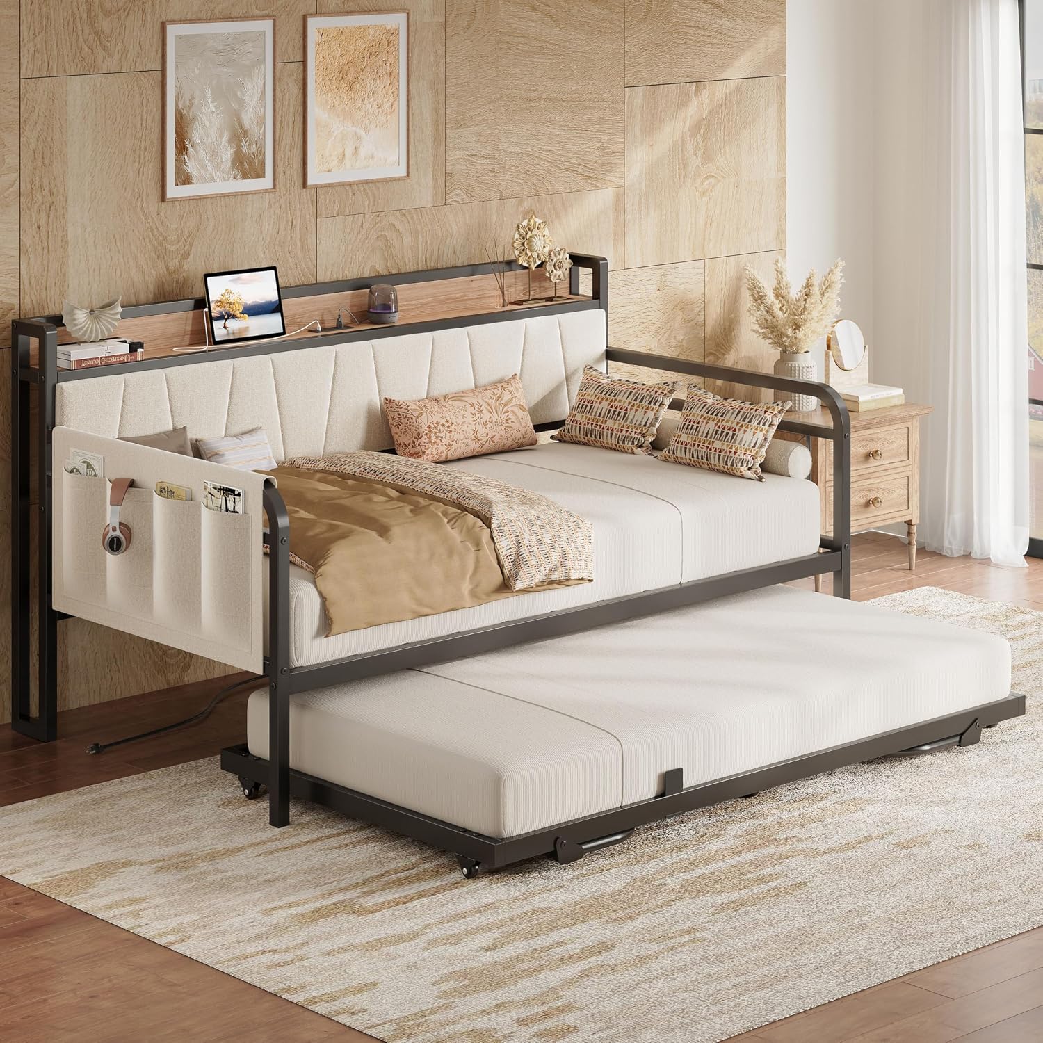 LIKIMIO Twin Daybed, Day Bed with Trundle, Storage Upholstered Headboard and Charging Station, Trundle Bed with Strong Supports for Living Room, Bedroom, and Guest Room, Beige
