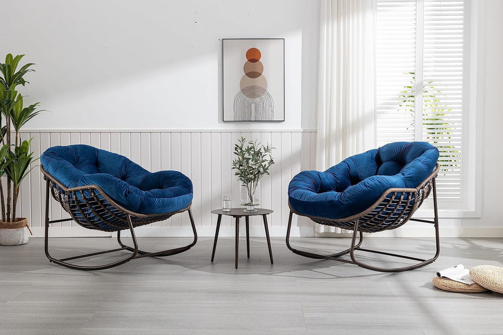 Patio Rocking Chairs, Patio Oversized Egg Rocking Chair,Indoor & Outdoor Upholstered Papasan Chairs, Modern Lounge Chair for Balcony,Living Room Patio, Front Porch, Garden (Navy Blue)