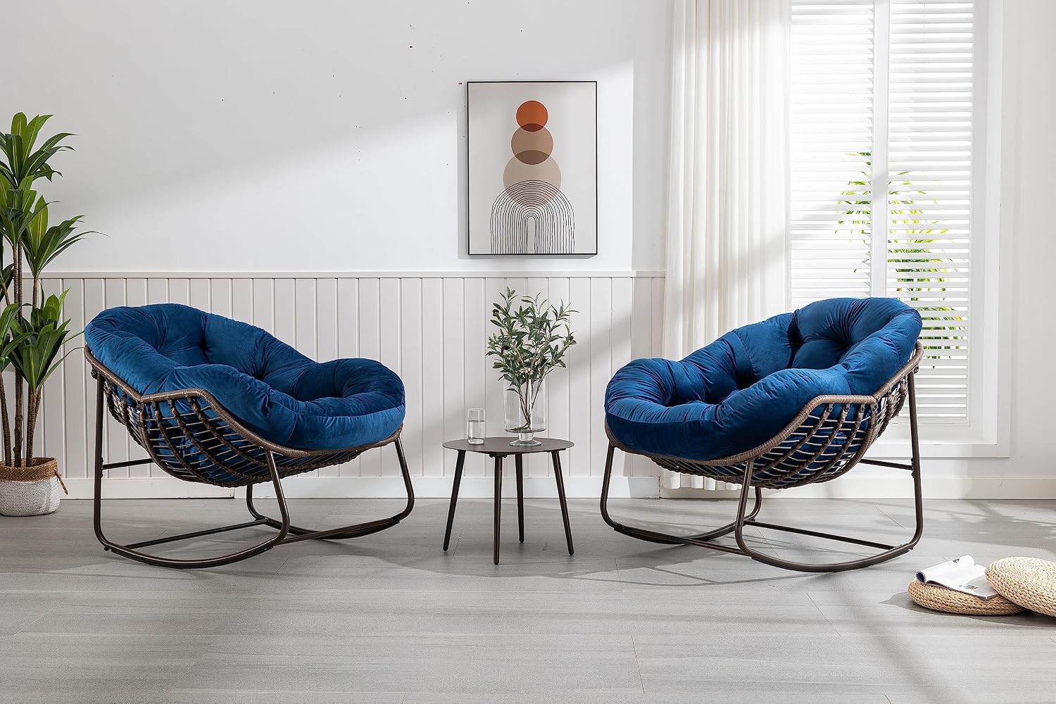 Patio Rocking Chairs, Patio Oversized Egg Rocking Chair,Indoor & Outdoor Upholstered Papasan Chairs, Modern Lounge Chair for Balcony,Living Room Patio, Front Porch, Garden (Navy Blue)