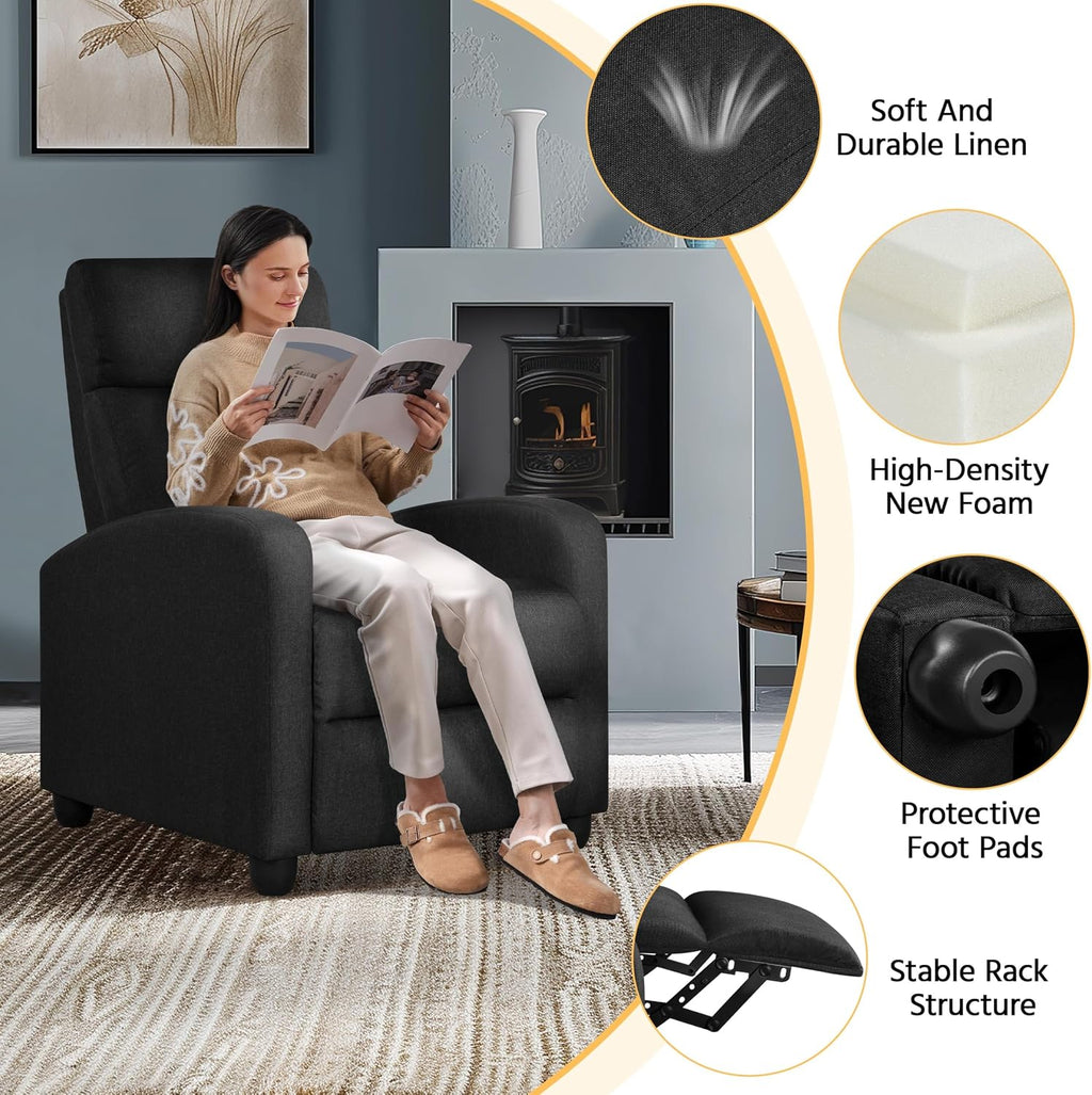 Yaheetech Recliner Chair Fabric Recliner Sofa Home Theater Seating with Lumbar Support Overstuffed High-Density Foam & Pocket Springs, Push Back Recliners Armchair for Living Room, Black