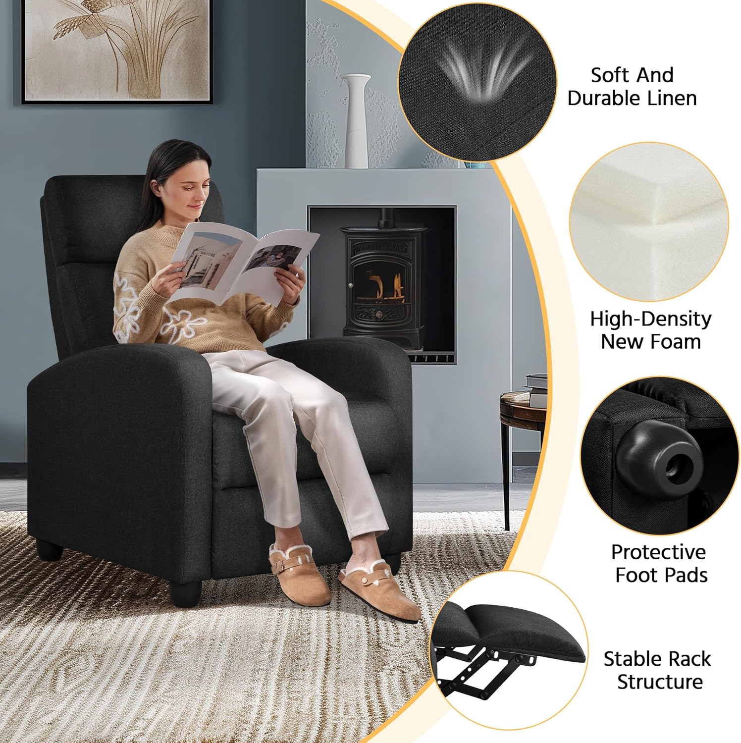 Yaheetech Recliner Chair Fabric Recliner Sofa Home Theater Seating with Lumbar Support Overstuffed High-Density Foam & Pocket Springs, Push Back Recliners Armchair for Living Room, Black