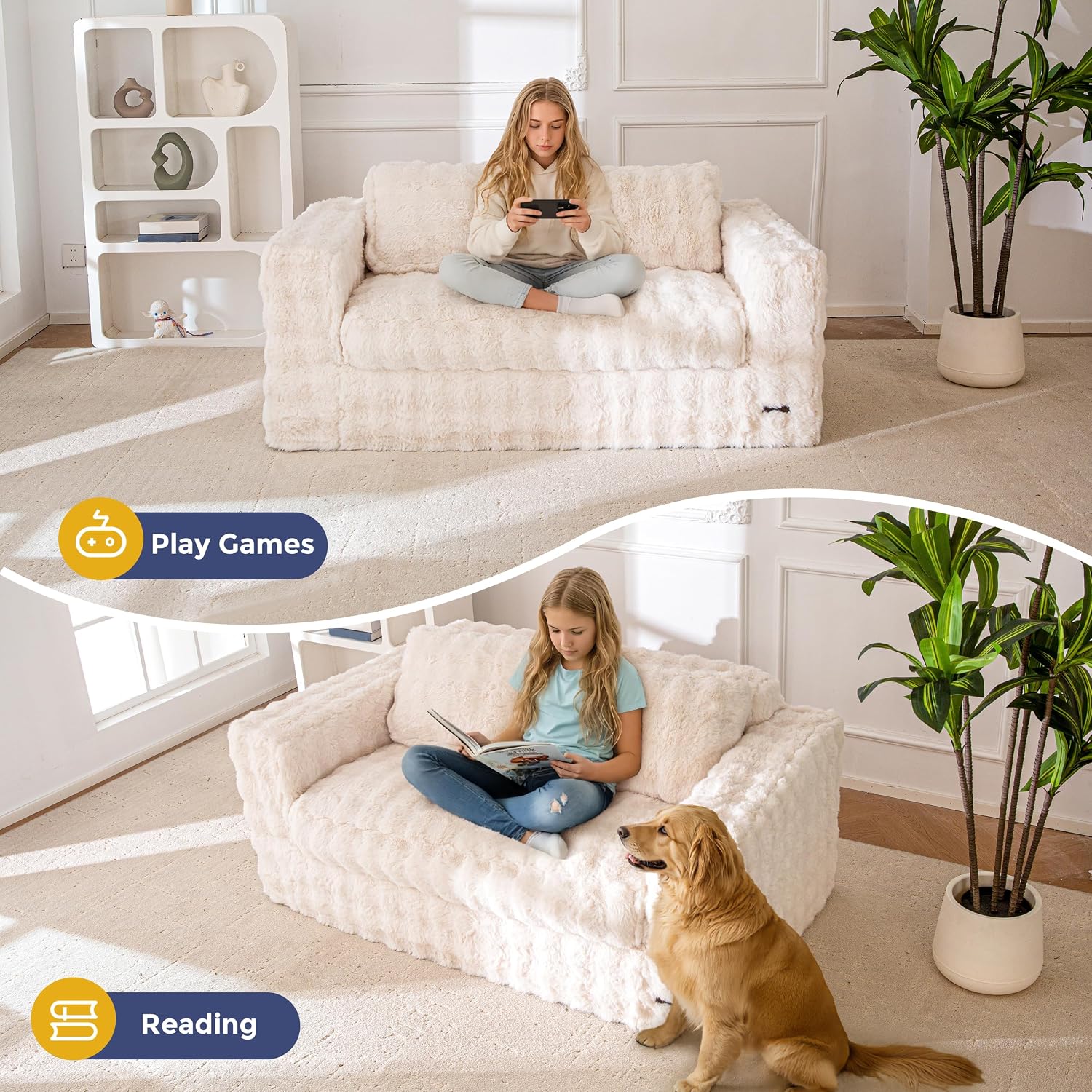 MAXYOYO Loveseat Sofa for Living Room, Small Sofa Couch Tufted Boneless Couch, Comfy Bean Bag Chair for Small Space Bedroom Apartment, No Assembly Needed, Beige