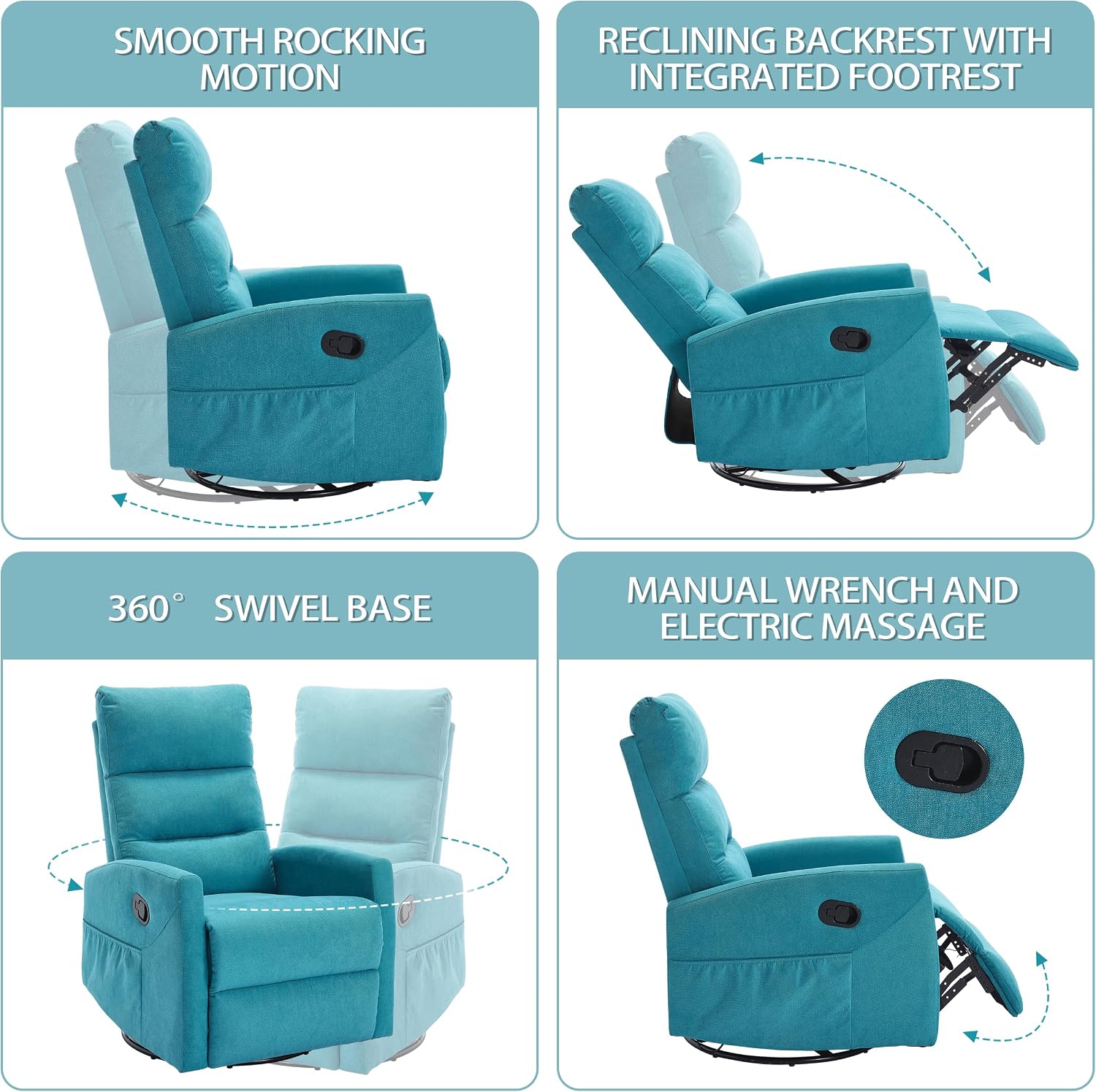 PELUMY Manual Recliner Chair, 360° Swivel Glider and Rocker Recliner with 155° Recline, Compact Fabric Recliner for Small Space, Nursery, Living Room, Bedroom, No Tools Assembly (Blue)