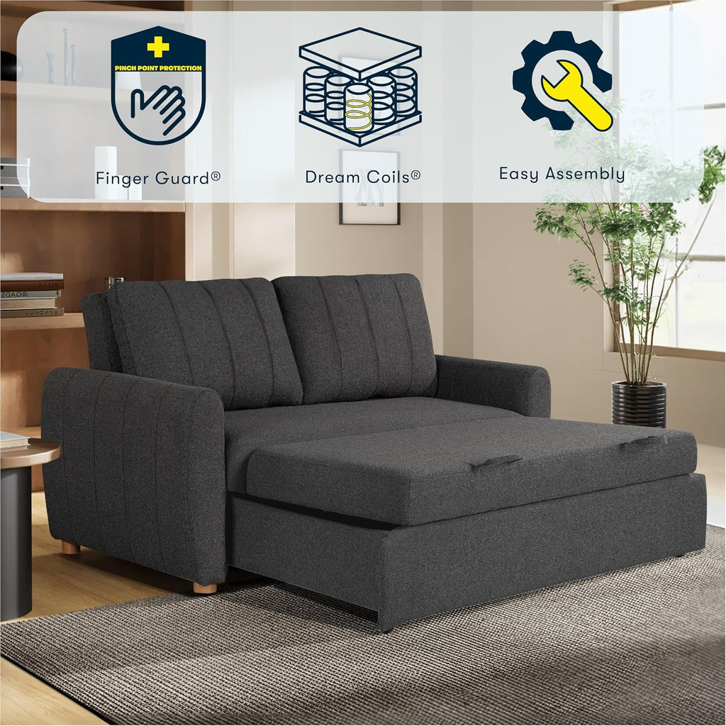 Serta Galway 66.5' Convertible Sleeper Loveseat, Full Size, Dreamcoil Comfort, FingerGuard Pinch Point Protection, Boucle Fabric, Charcoal